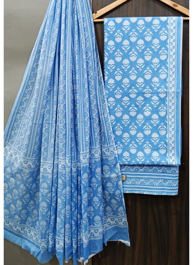 Cotton Sky Blue Casual Wear Printed Salwar Suit